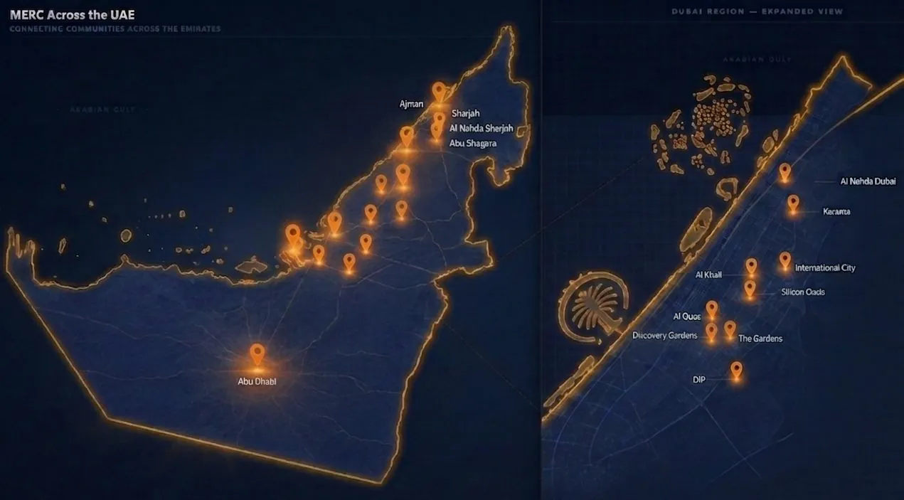 MERC Cell Group locations across the UAE — Dubai, Sharjah, Ajman, Dhaid, Abu Dhabi